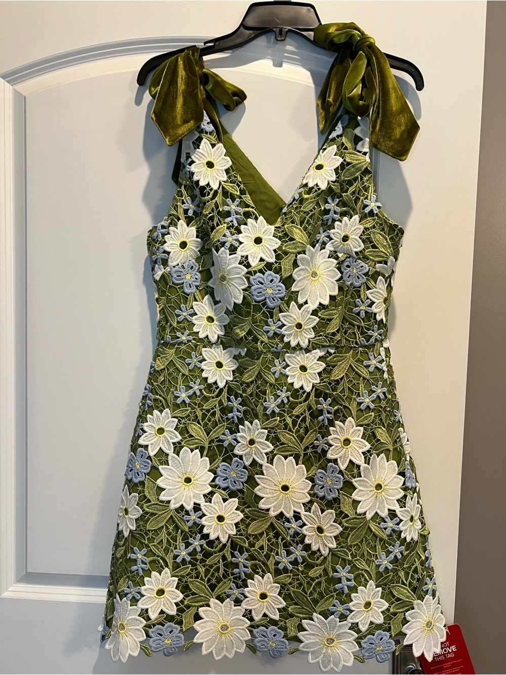 Fashion Nova Olive Green Floral Lace Mini Dress with White & Light Blue Flowers
